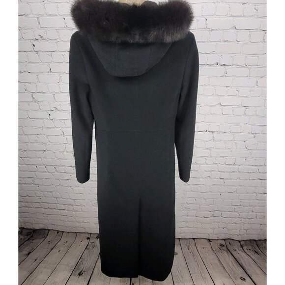 VTG Steve By Searle Black Italian Wool Fox Fur Trim Hooded Coat USA Made Size 6 - Picture 2 of 16